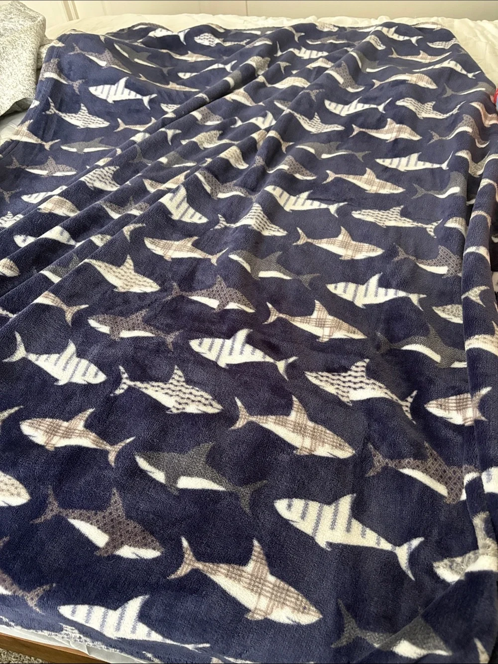Navy Shark Print Plush Throw Blanket